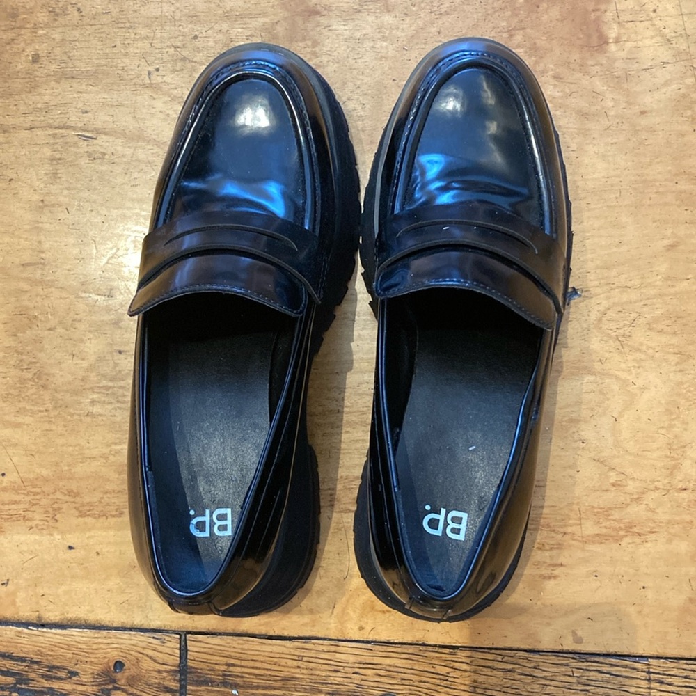 Black patent platform loafers